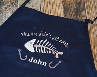 Fishing Personalized Apron - This One Didn't Get Away - BBQ Men's Apron - Fish Skeleton Embroidered Apron - Available in more apron colors