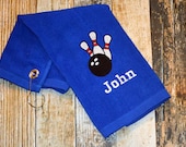 Bowling Towel with Hook - Personalized with Player 39 s Name - Available in Red, Royal Blue, Black or White - Bowling Pins and Ball Embroidered