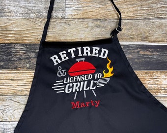 Retirement Personalized Apron - Retired and Licensed to Grill - Available in more colors of Aprons - BBQ Men's Apron - OSFM