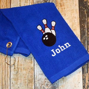 Bowling Towel with Hook - Personalized with Player's Name - Available in Royal Blue, Pink, Black or White - Bowling Pins & Ball Embroidered