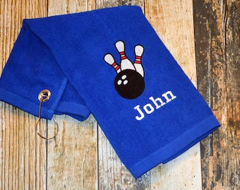 Bowling Towel with Hook - Personalized with Player's Name - Available in Royal Blue, Pink, Black or White - Bowling Pins & Ball Embroidered