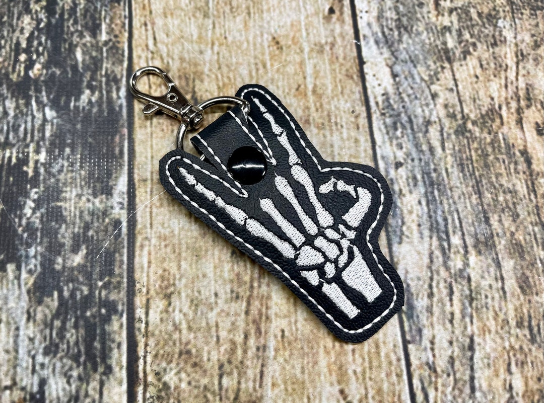 Skeleton Hand Key Chain Skeleton Hand Horns Key Chain - Vinyl Keychain Snap Key Fob - Choose ...