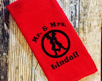 Personalized Cowboy Mr. & Mrs. Silhouette Kitchen Towel - Embroidered Hand Towel - Country Bride and Groom Wedding Gift