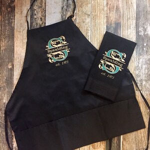 Personalized Kitchen Apron, Towel, and Hot Pads Elegant Split Initial with Last Name Embroidered in your choice of colors Wedding Gift image 5