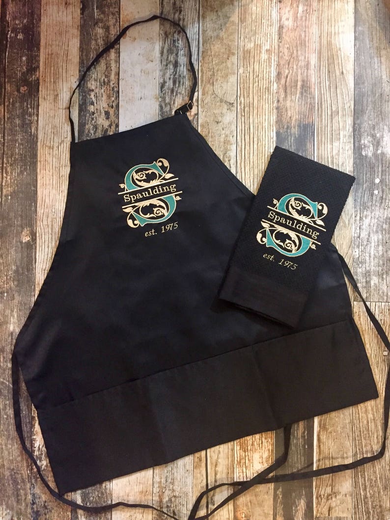 Personalized Kitchen Apron, Towel, and Hot Pads Elegant Split Initial with Last Name Embroidered in your choice of colors Wedding Gift image 5