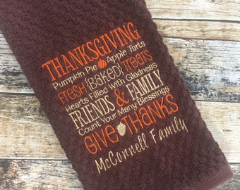 Personalized Kitchen Towel - Thanksgiving Saying - Word Block HandTowel - Fall Autumn Towel - Embroidered Towel