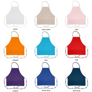 May include: Nine different colored aprons with adjustable neck straps and ties. The colors are white, light taupe, pink, orange, teal, red, purple, royal blue, and navy blue.