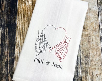 Valentine's Day Kitchen Towel - Personalized Couple Embroidered - Skeleton Hands -  Pinky Promise Love - Mr and Mrs Heart