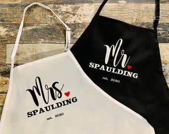 Mr and Mrs Wedding Gift Aprons - Personalized with Bride and Groom's Last name and Wedding Year - Many Colors of Aprons