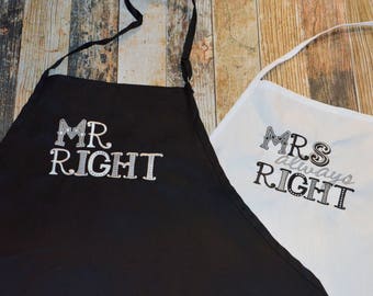 Mr Right and Mrs. Always Right Wedding Gift Aprons - Personalized with Bride and Groom's First or Last name - Many Colors of Aprons