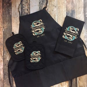 Personalized Kitchen Apron, Towel, and Hot Pads Elegant Split Initial with Last Name Embroidered in your choice of colors Wedding Gift image 2