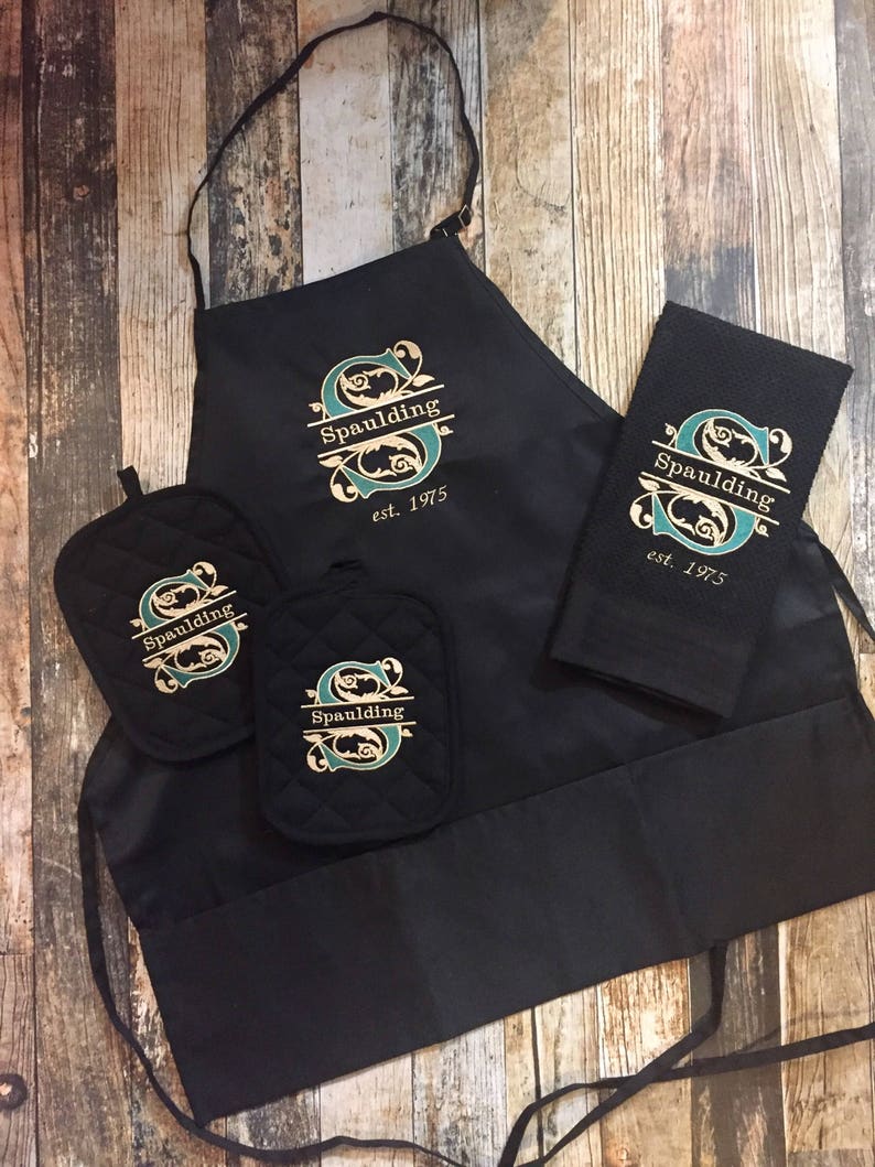 Personalized Kitchen Apron, Towel, and Hot Pads Elegant Split Initial with Last Name Embroidered in your choice of colors Wedding Gift image 2