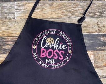Retirement Personalized Apron - Officially Retired My New Title is Cookie Boss - Available in more colors of Aprons - Baker’s Apron - OSFM