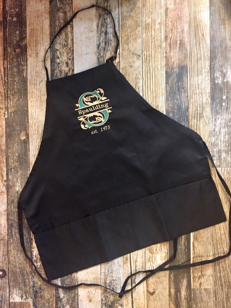 Personalized Kitchen Apron, Towel, and Hot Pads Elegant Split Initial with Last Name Embroidered in your choice of colors Wedding Gift image 4