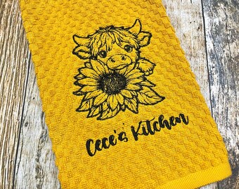 Highland Cow and Sunflower Personalized Kitchen Towel - Fall Kitchen Decor
