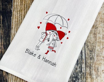 Valentine's Day Kitchen Towel - Personalized Couple Embroidered - Raining Hearts - Young Love - Mr and Mrs Umbrella