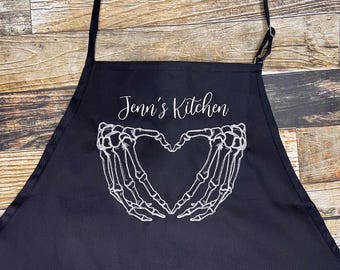 Personalized Skeleton Hands Embroidered Apron - Halloween Baking - Heart Skeleton Hands
