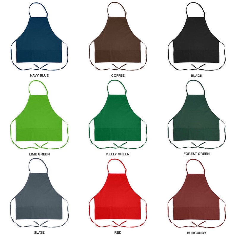May include: Nine different colored aprons with adjustable neck straps and ties. The aprons have three pockets on the front. The colors are navy blue, coffee, black, lime green, kelly green, forest green, slate, red, and burgundy.