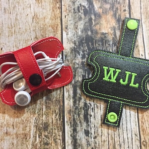 Ear Buds Cord Keeper Wrap - Personalized - Monogrammed - Chose your Vinyl Color and Thread Color- Ear Phones Holder