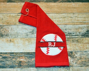 Baseball or Softball Sports Towel with Hook - Personalized with Player's Name - Available in Different Towel Colors and Sports Designs