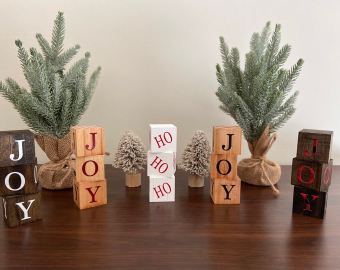 Small Primitive Wood Christmas Blocks, Tiered Tray Christmas Decor, Let