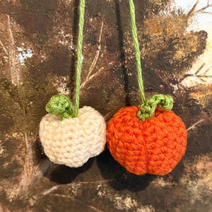 May include: Two crocheted pumpkins, one cream-colored and one orange, each featuring a small green stem and a long green yarn string attached to the top for hanging. The pumpkins have a textured, knotted surface created by the crochet stitching.