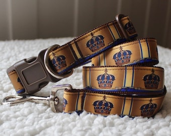 Crown Print Dog Collar & Lead Set: Blue and Gold, All Breeds