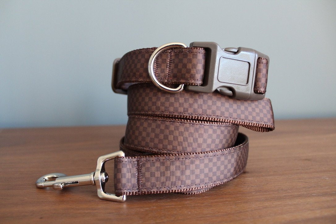Checkerboard Brown Dog Collar and Lead Set: Handmade Webbing, Chrome D-Ring