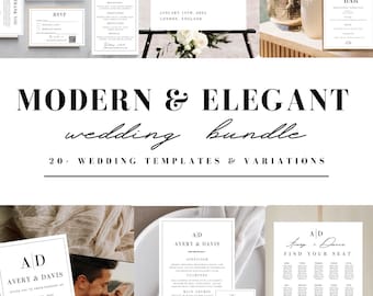 May include: A set of 20 wedding templates and variations in a modern and elegant style. The templates include a welcome sign, RSVP card, details card, menu, seating chart, and more. The templates are black and white with a minimalist design.
