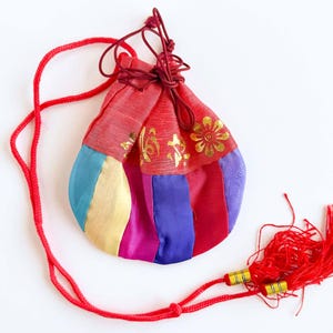 Vintage Korean Silk Purse - Hanbok Styled Draw String Tie and Long Red Tassel