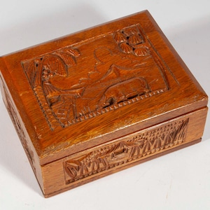 Hand Crafted Vintage Carved Wood Box with Hinged Lid