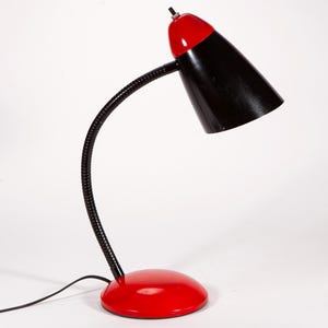 Vintage Red and Black Metal Gooseneck Desk Lamp in Good Working Condition