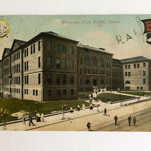 FRETE GRÁTIS: Cartão postal antigo de Seattle de 1912 - Foto colorida da Broadway High School
