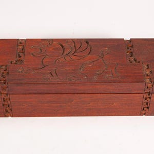 Fabulous Vintage Hand Crafted Wood Box - Folk Art Carved Griffin with Geometric Trim - Fabric Lined