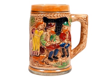 Vintage Small Ceramic Stein - Embossed Beer Mug with People, Dog and Mill