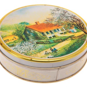 Vintage Round Bucolic Scene Tin - Country House in Spring Metal Box - Swiss Colony Candy Container
