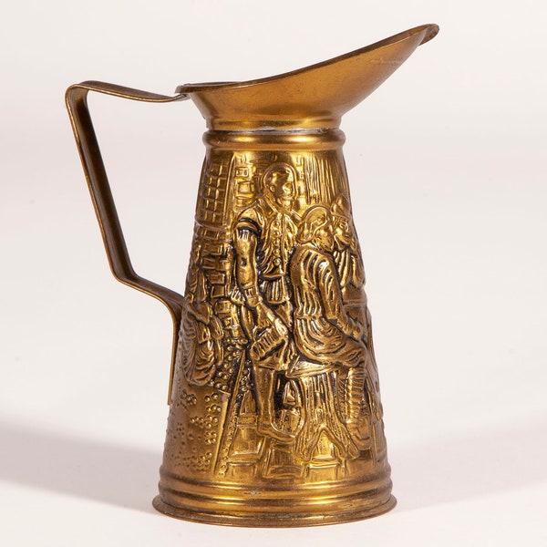 Vintage Brass Embossed Pitcher - Tavern Scene Hammered Metal Handled Container with Spout - Pub Stein