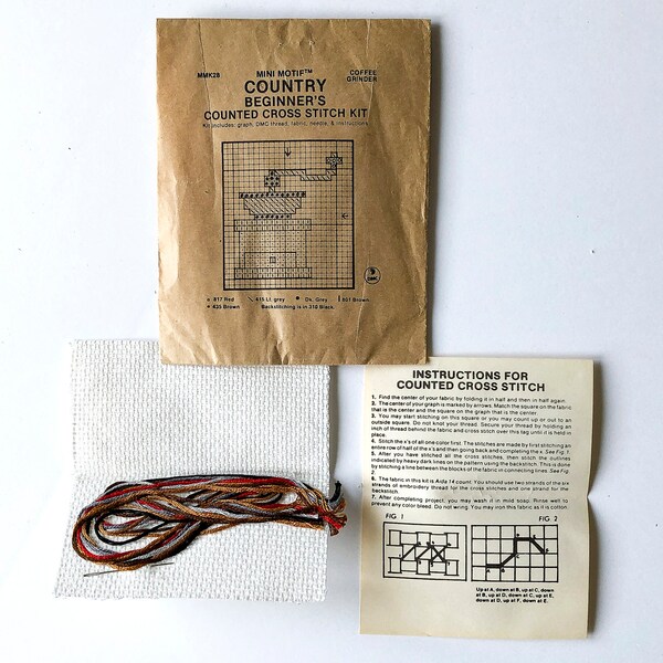 Vintage Beginner's Counted Cross Stitch Kit - Complete "Coffee Mill" Kit with Fabric, Embroidery Floss, Instructions and Needle