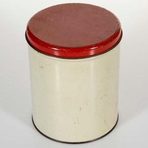 Vintage Minimalist Metal Canister: Ivory Tin with Red Lid