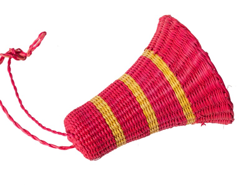 Vintage Christmas Ornament Handcrafted Colorful Woven Rattan Bell with Original Hanger Holiday Decor