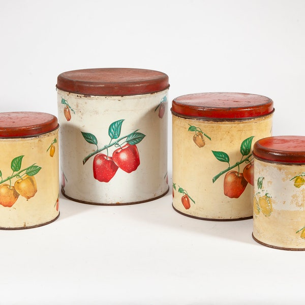 Vintage Red Apples Canister Set - Four Graduated Metal Tins with Tops - Decorware - Retro Midcentury Kitchen - Farmhouse Decor