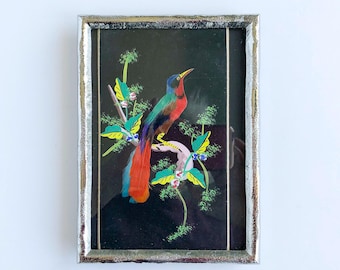 Vintage Featherwork Bird Print: Silver Frame, Easel Back