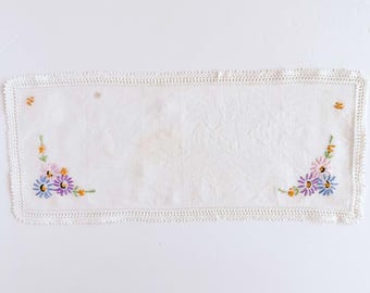 Vintage Hand Embroidered Dresser Scarf Doily- Flower on Linen with Crochet Border