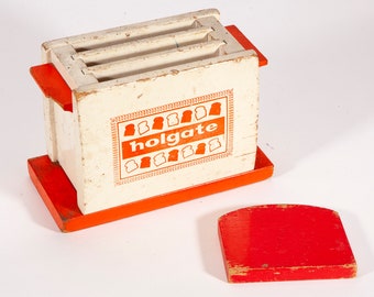 Vintage Child's Holgate Toy Wood Toaster with One Piece of Toast - Pretend Play Kitchen