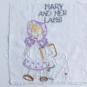 FREE SHIPPING: Vintage Hand Embroidered Nursery Rhyme Quilt Block - Mary and Her Lamb Fabric Quilt Square