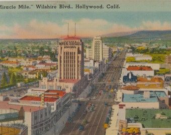 FREE SHIPPING: Vintage Miracle Mile Wilshire Blvd. Hollywood California Linen Postcard - Unmailed Los Angeles Post Souvenir
