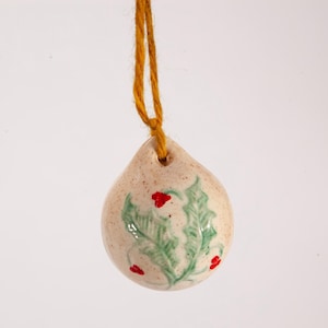 Vintage Hand Crafted Small Pottery Hanging Ball - Embossed Holly and Pine Cone Ceramic Ornament