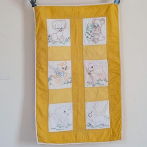 Vintage Hand Embroidered Crib Quilt - Charming Stitched Animal Blocks with Yellow Cotton Baby Quilt