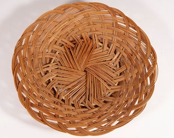 Vintage Large Round Wicker Tray - Woven Rattan Platter - Shallow Basket Plate