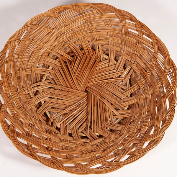 Vintage Large Round Wicker Tray - Woven Rattan Platter - Shallow Basket Plate